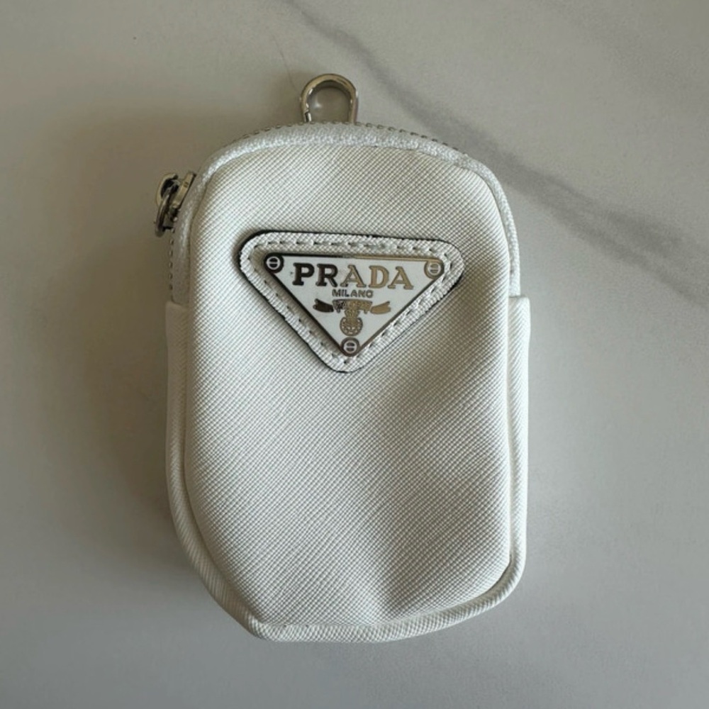 Prada White Saffiano Mini Pouch with Logo Plaque